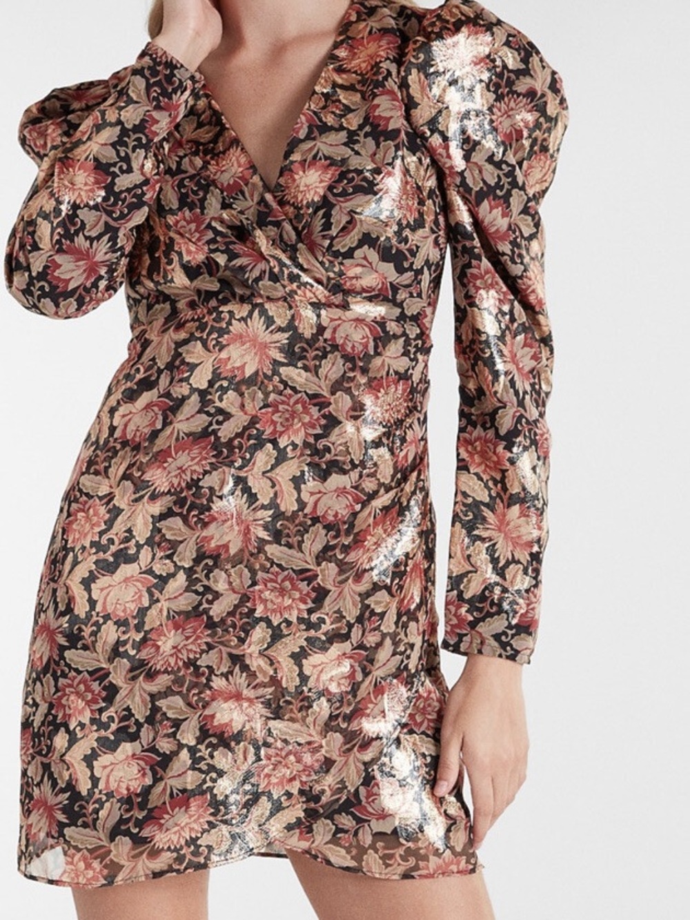 EXPRESS Floral Metallic Gold Puff Sleeve Shoulder Sheath Wrap Dress Size Small S